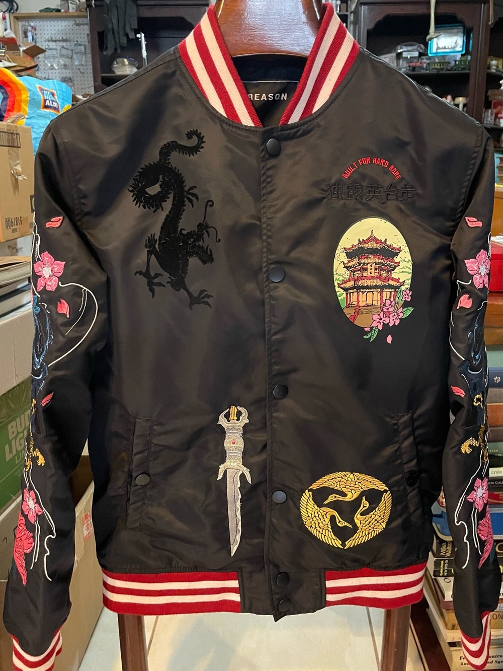 Reason Black Bomber Jacket with Red-Trim and Multicolor Embroidery